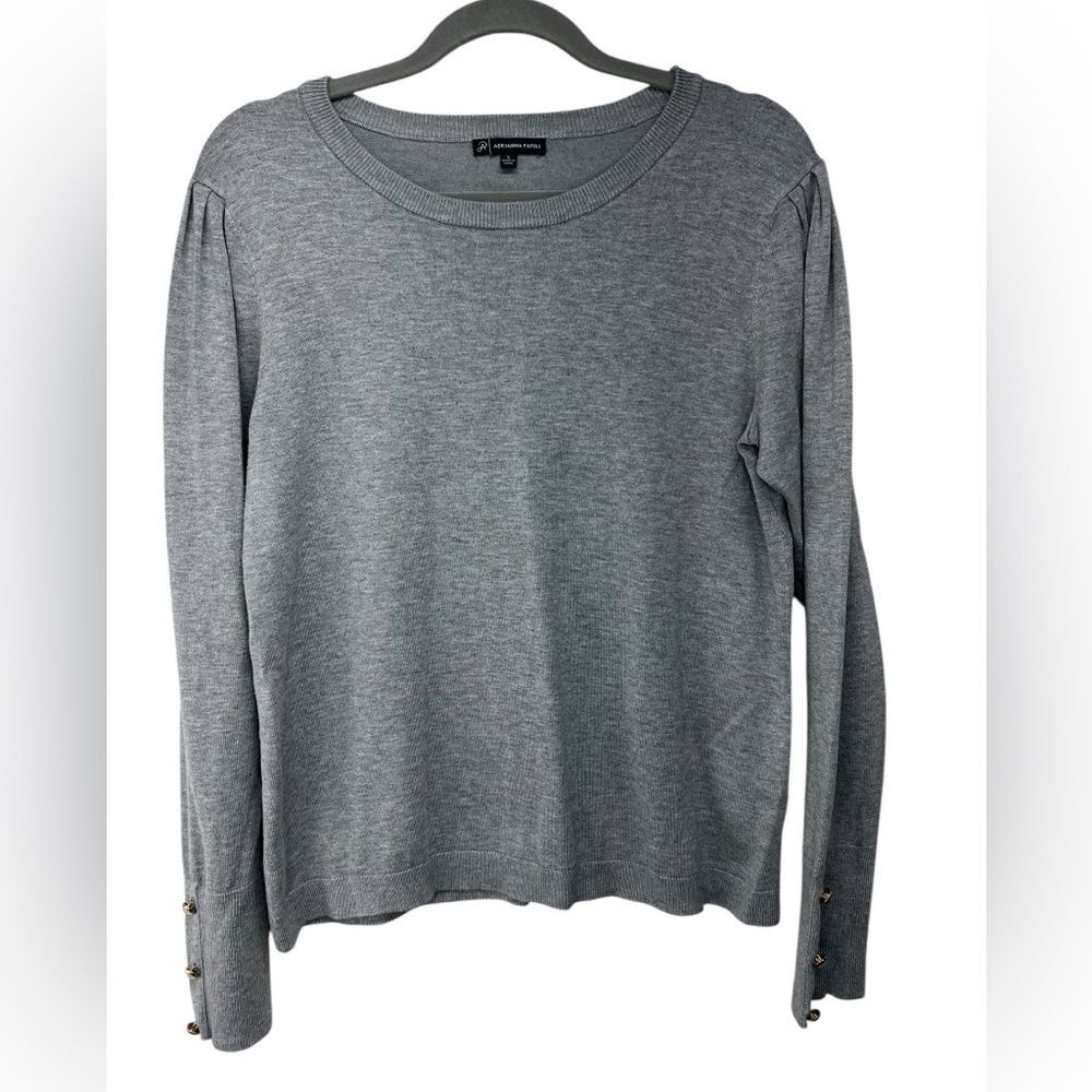 Adrianna Papell Gray Crew Neck Pleated Puff Sleeve Sweater Button Sleeves Large